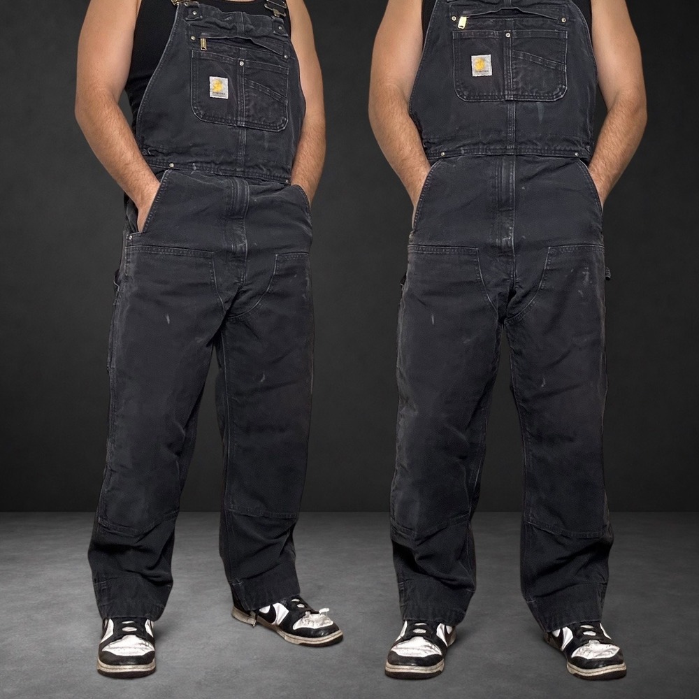 Carhartt R01-M Black Duck Canvas Double Knee Bib Overalls 34x32 Skater Baggy Y2K